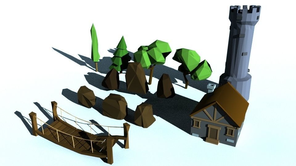 Low Poly Forest tower and house Low-poly 3D model_3