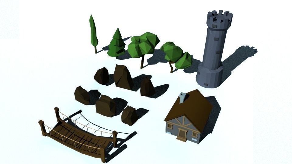 Low Poly Forest tower and house Low-poly 3D model_2
