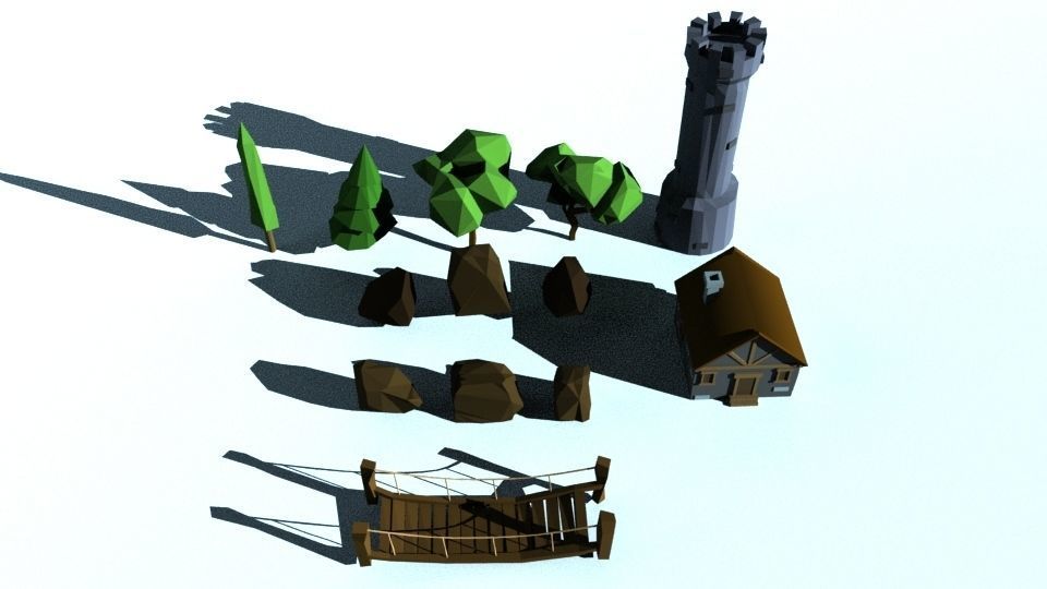 Low Poly Forest tower and house Low-poly 3D model_4