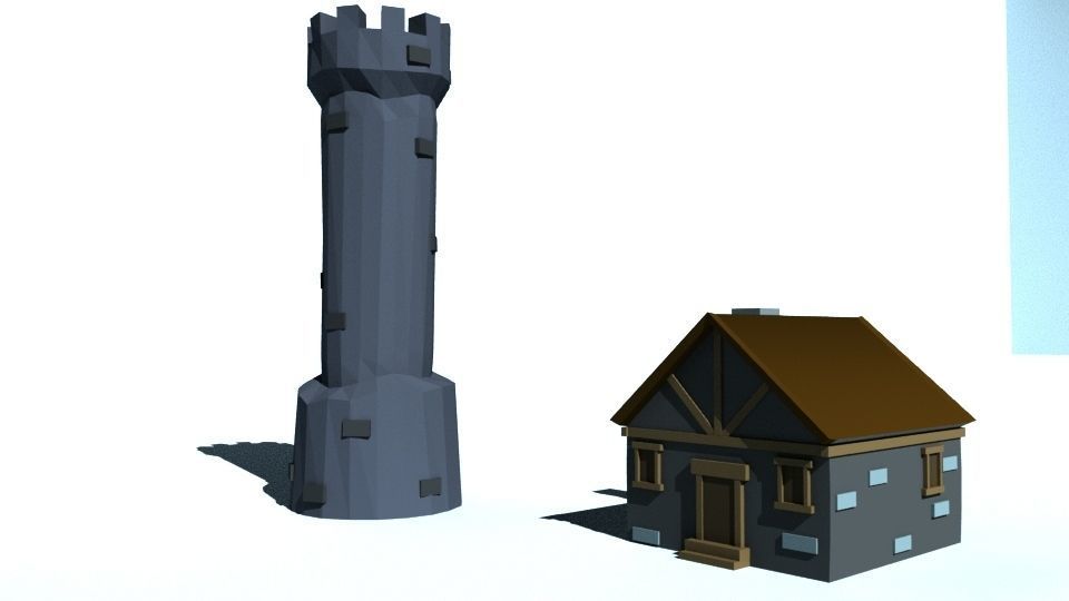 Low Poly Forest tower and house Low-poly 3D model_8