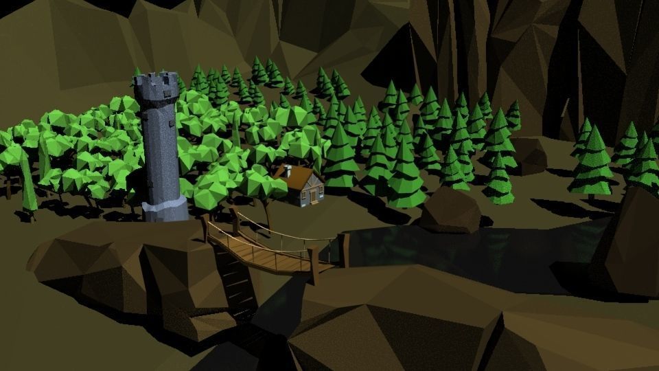 Low Poly Forest tower and house Low-poly 3D model_12