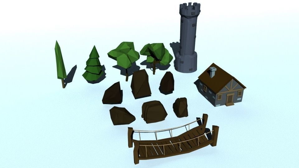 Low Poly Forest tower and house Low-poly 3D model_1
