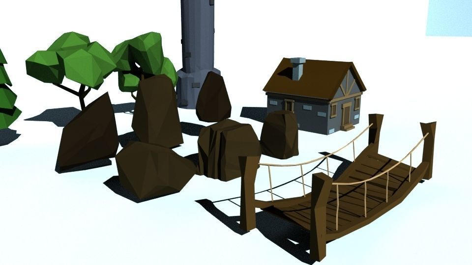 Low Poly Forest tower and house Low-poly 3D model_5