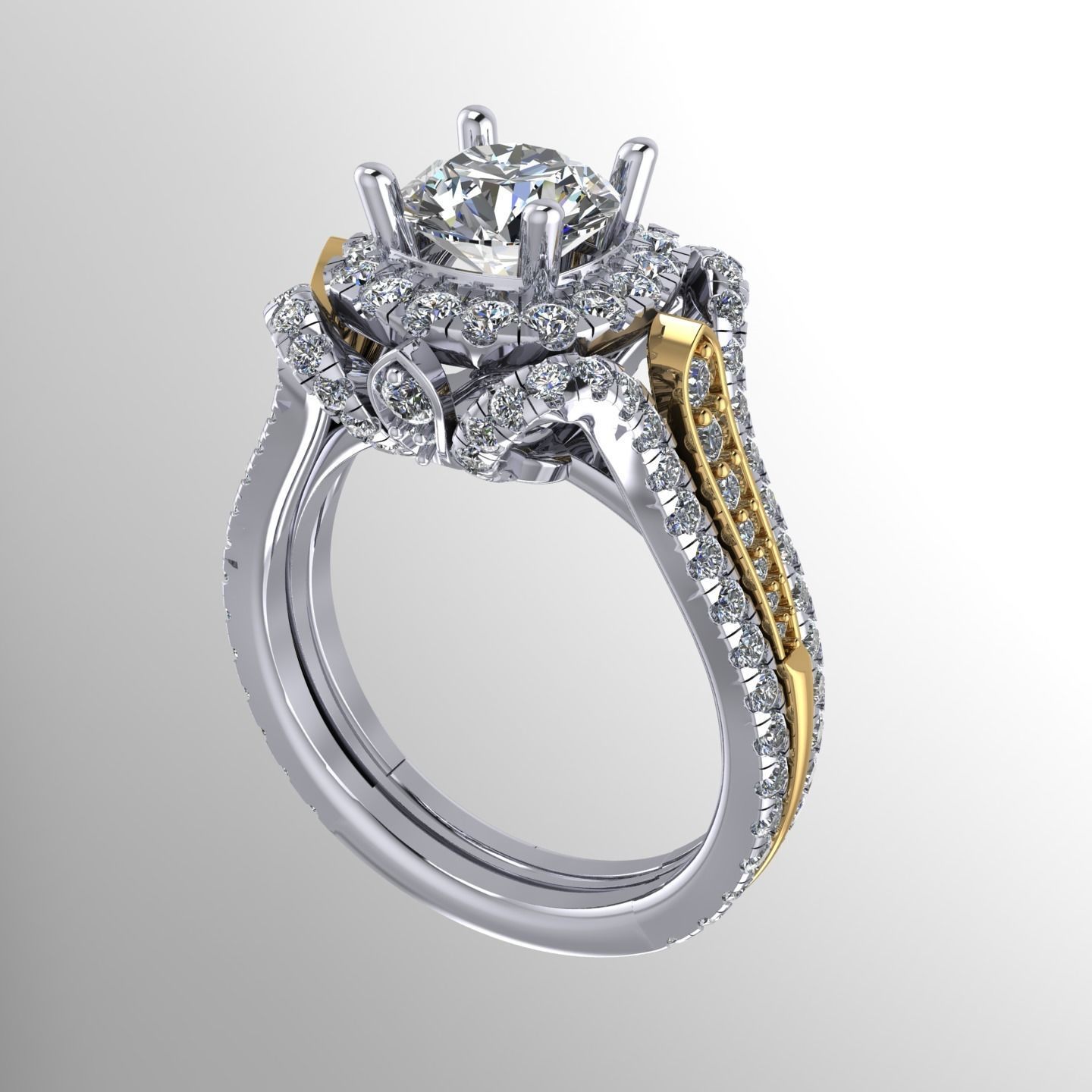 NN007 diamond engagement ring gold and gold 3D print model_1