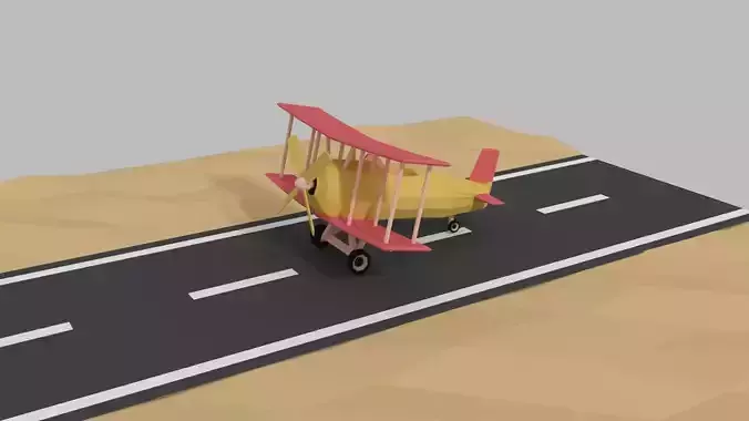 low poly plane biplane on road in desert Low-poly 3D model