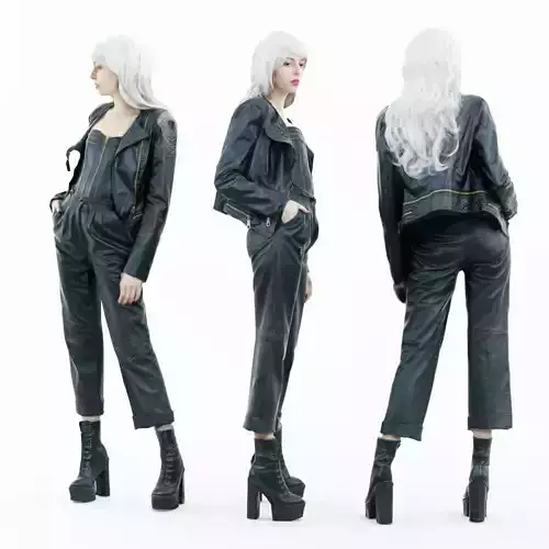 Girl with White Curly Hair in Leather Outfit