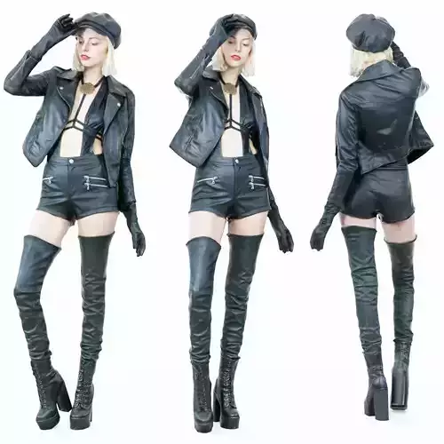 Hot Girl in Black Leather Boots jacket Hat