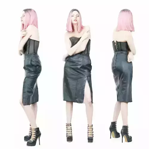 Pink Hair Girl in Corset and Black Leather Skirt