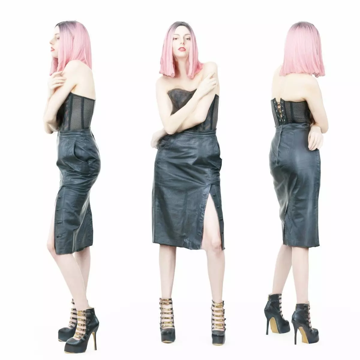 Pink Hair Girl in Corset and Black Leather Skirt Low-poly 3D model