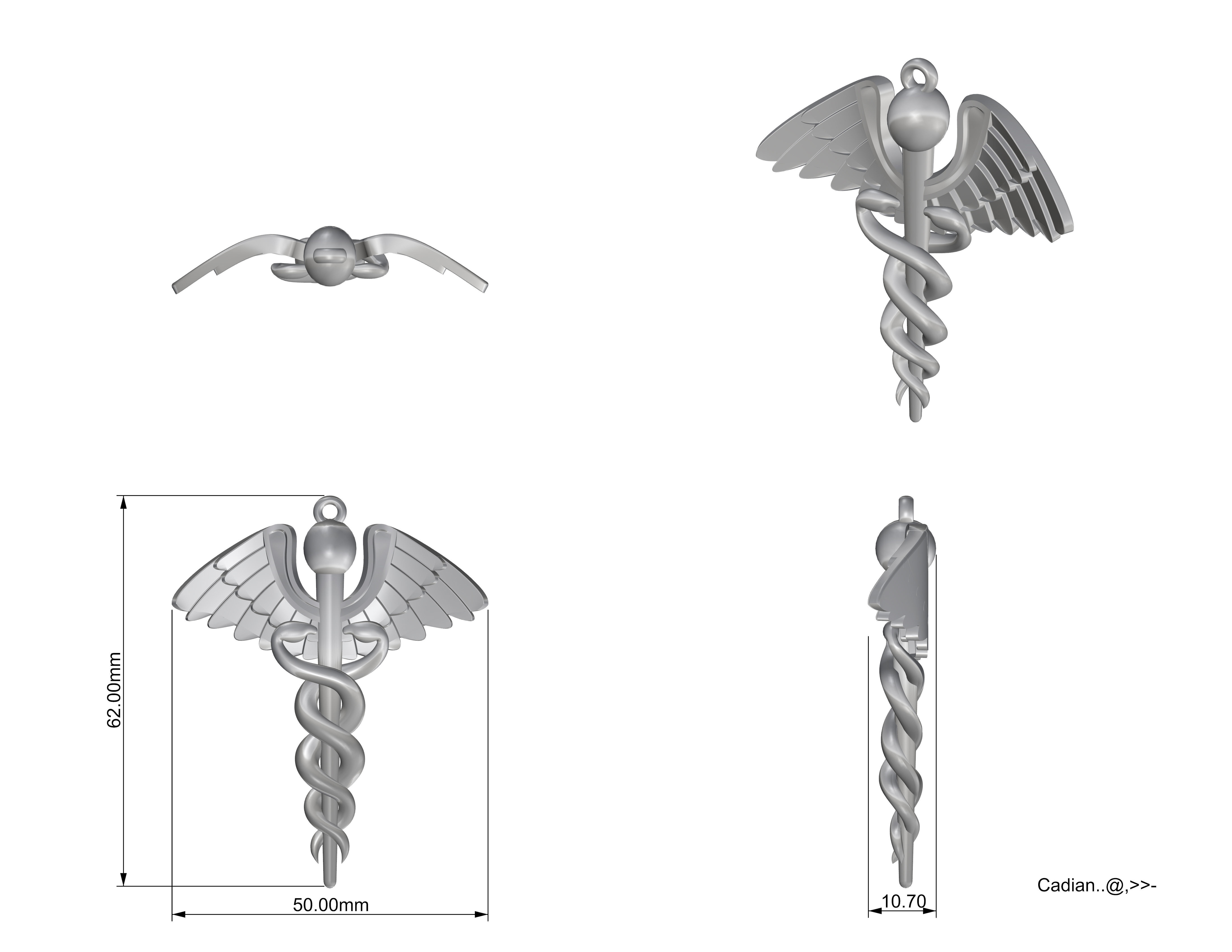 Caduceus medical pendant with wings 3D print model_3