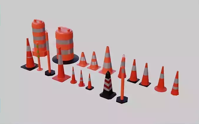 Traffic Cones and Construction barrels Collection - 19 items Low-poly 3D model