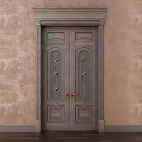 Classic wood door whith stained-glass window