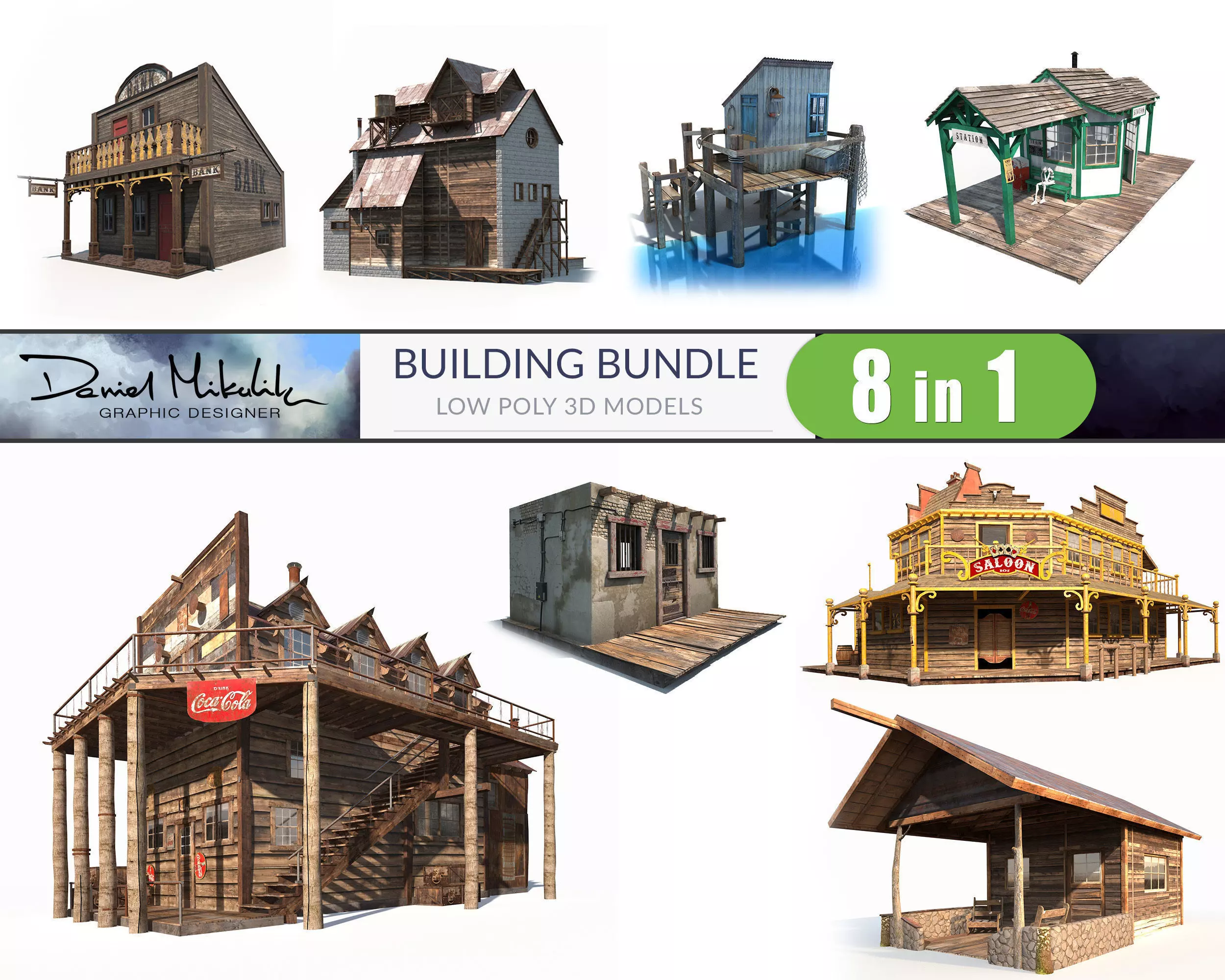 Wild West Building Bundle LOW POLY PBR Low-poly 3D model_0