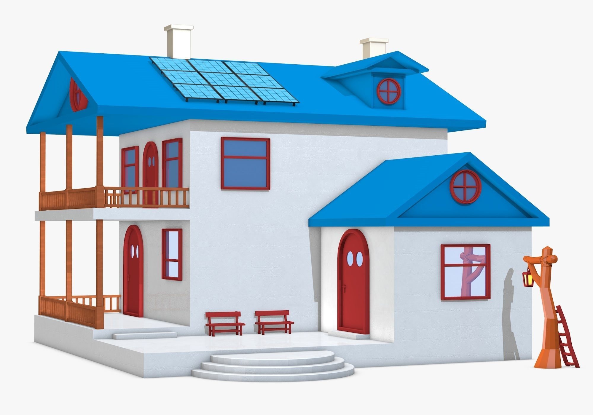 House with Solar Panel and Balcony 3D model_2