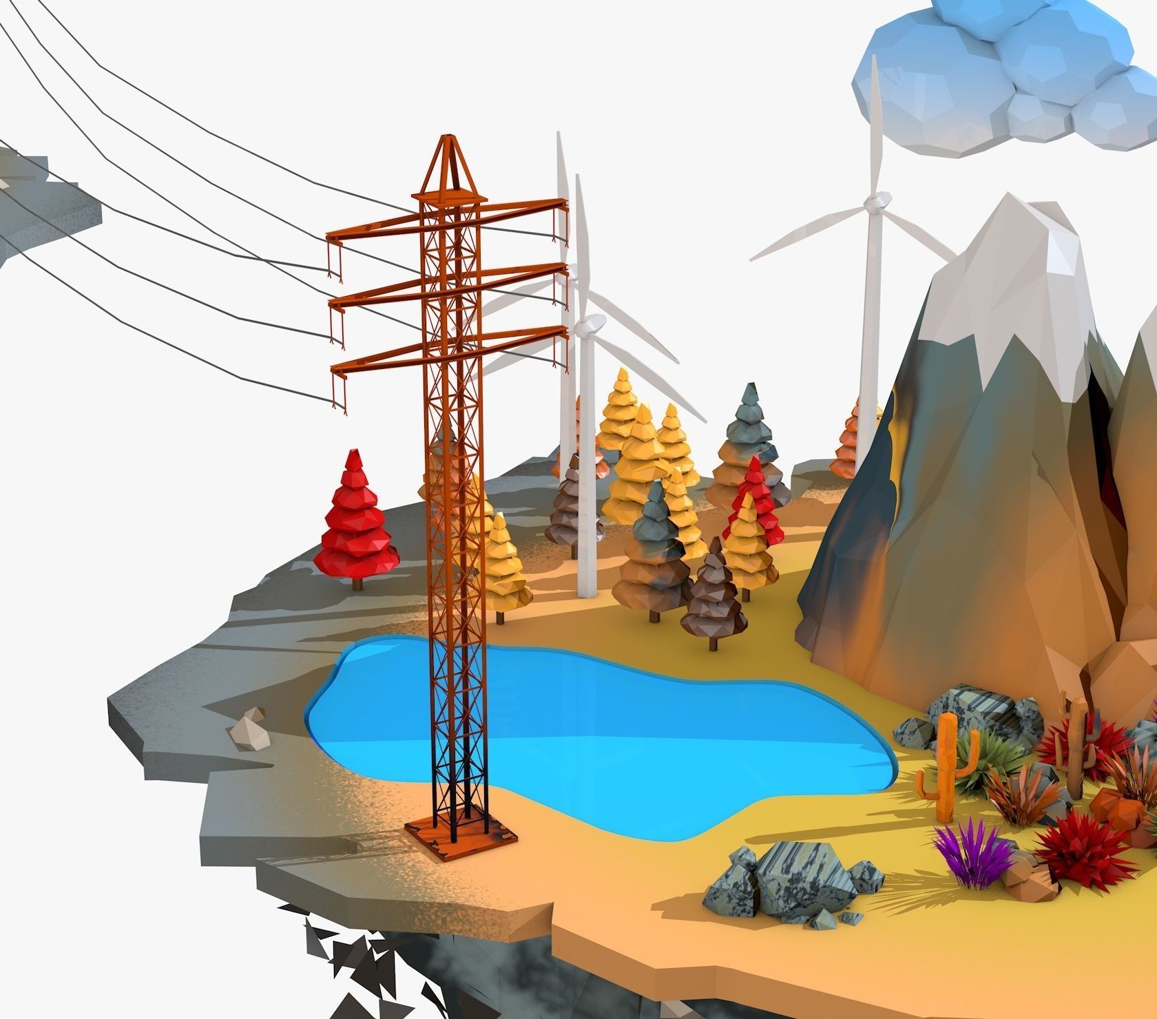 Floating Industrial Islands Low Poly 3D model_9