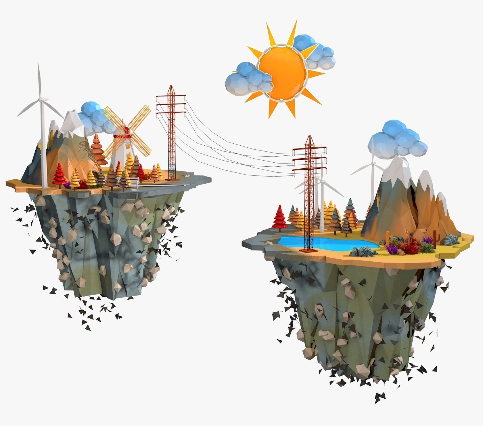 Floating Industrial Islands Low Poly 3D model_3