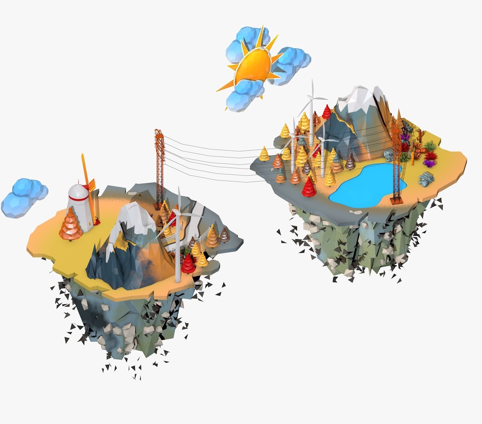 Floating Industrial Islands Low Poly 3D model_2