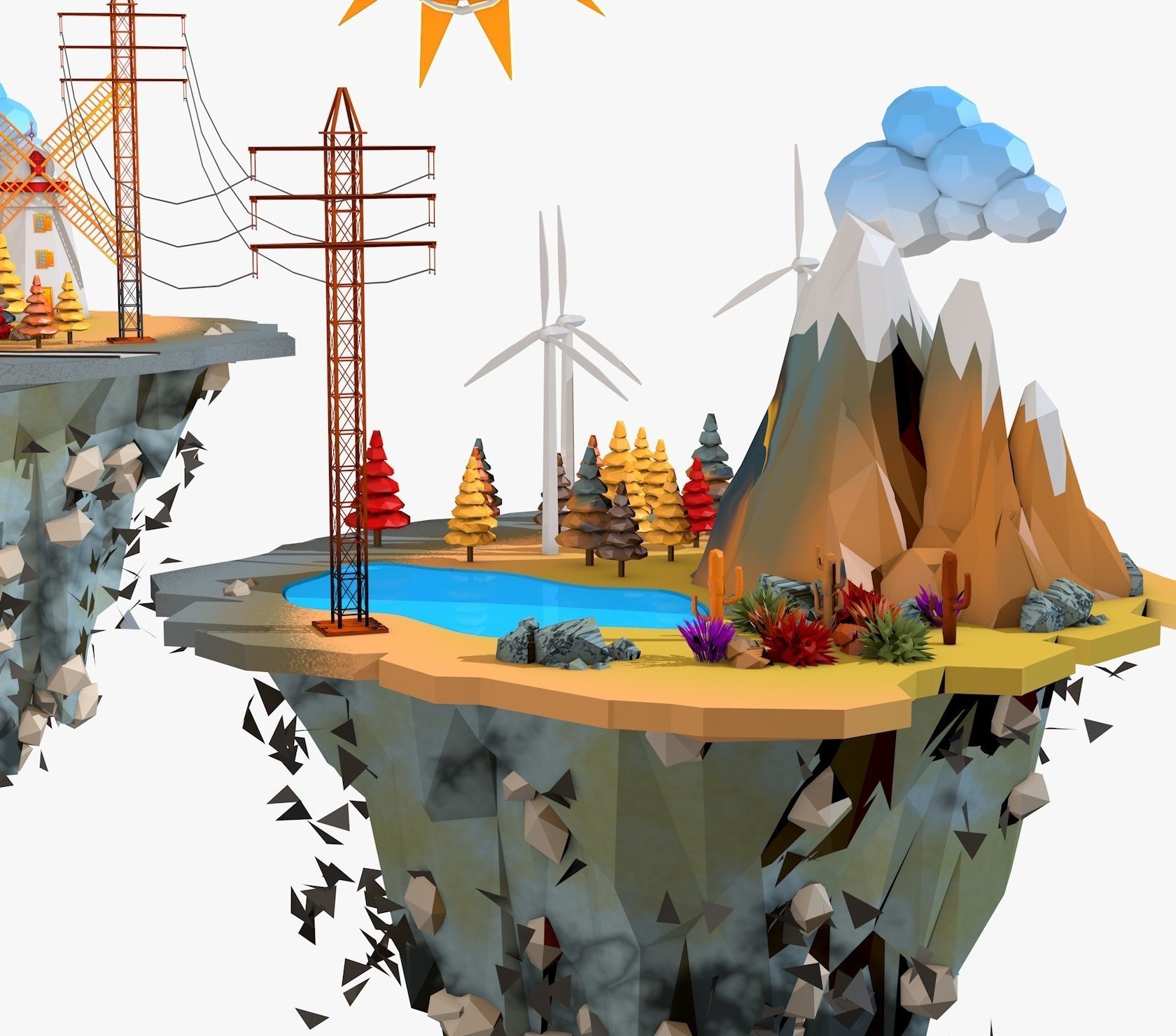 Floating Industrial Islands Low Poly 3D model_15