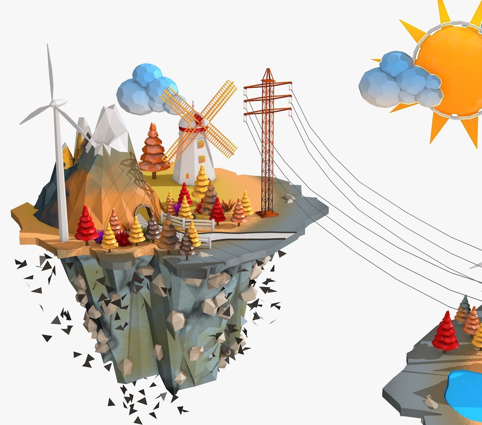 Floating Industrial Islands Low Poly 3D model_11