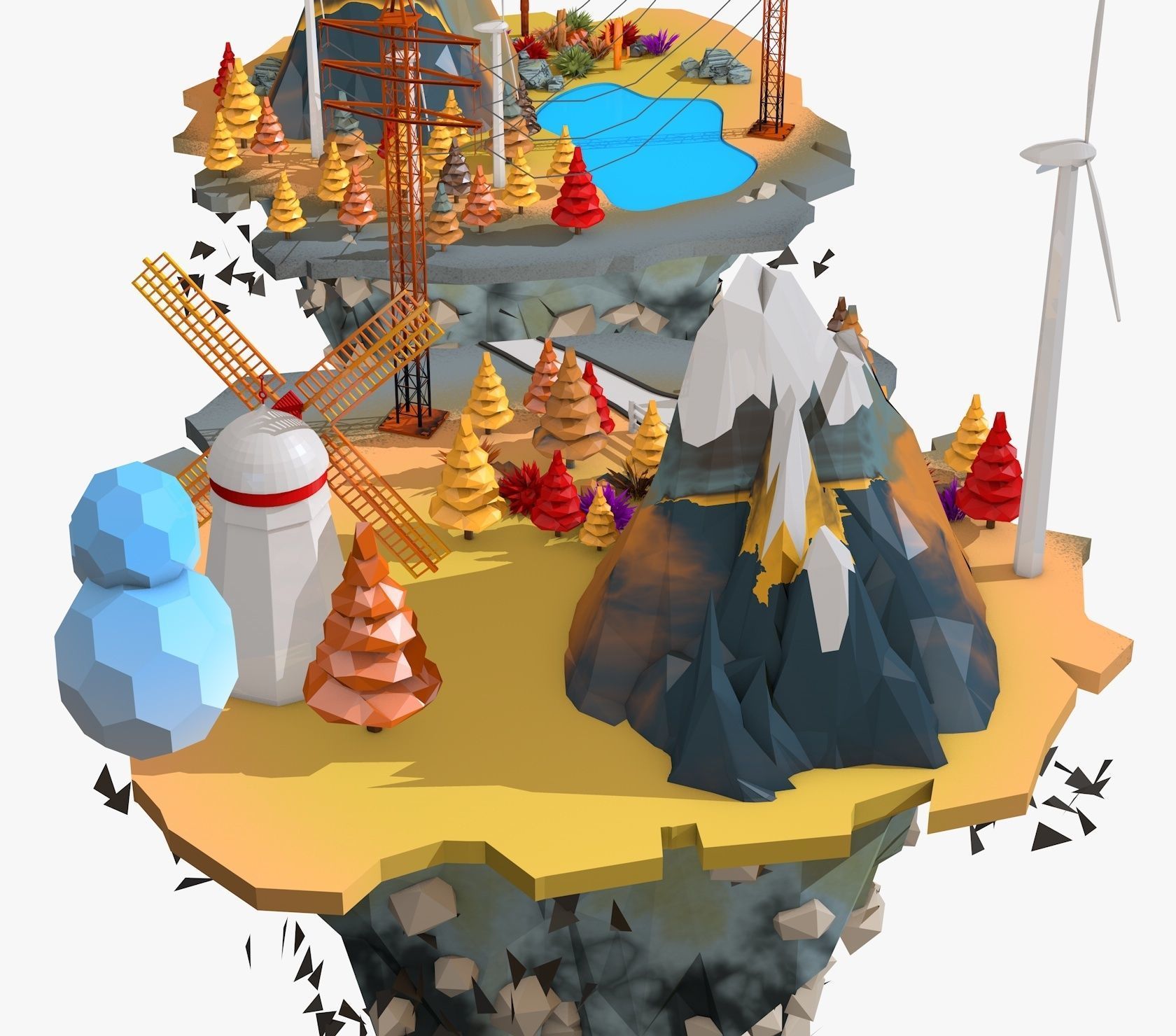 Floating Industrial Islands Low Poly 3D model_8
