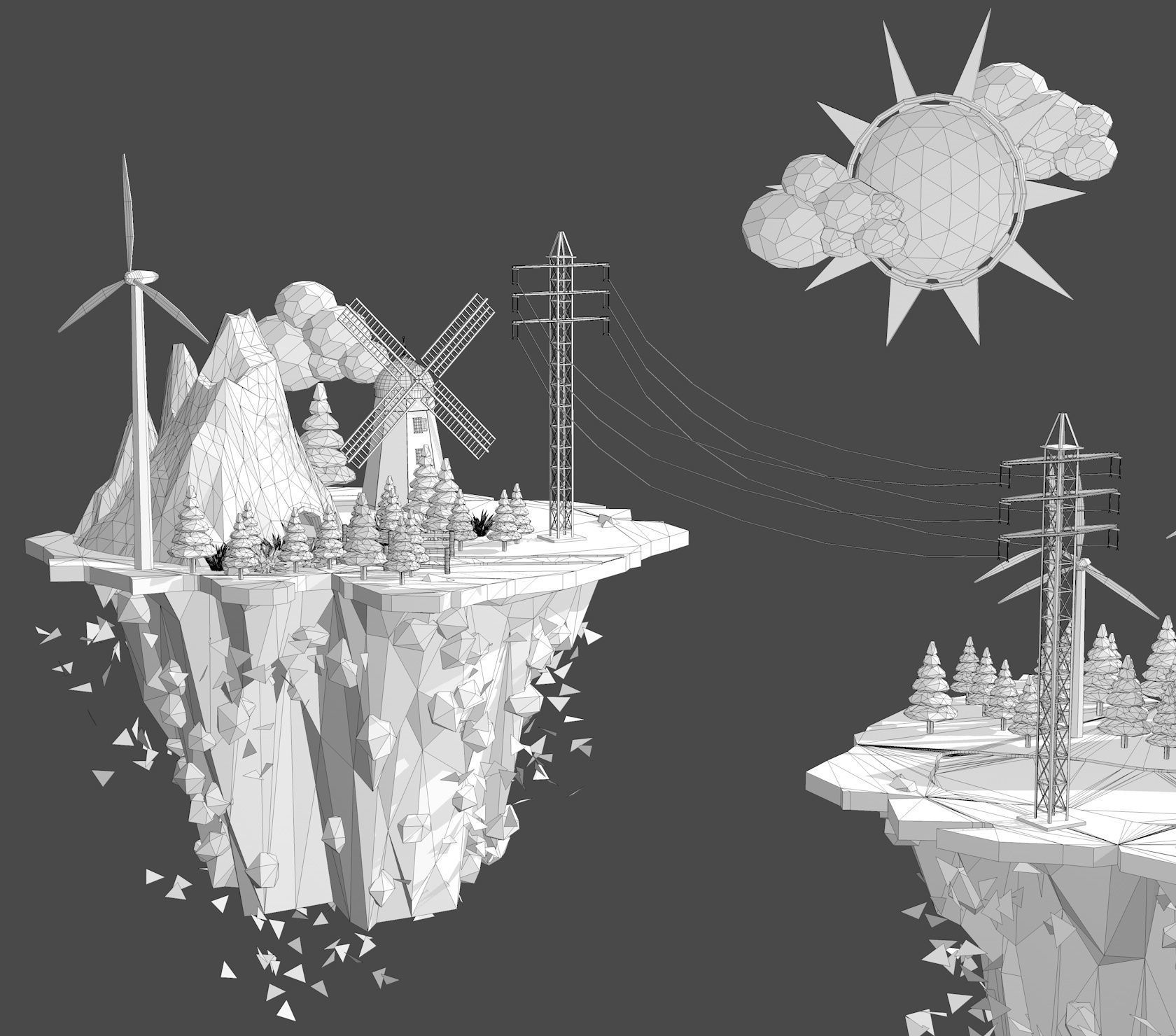 Floating Industrial Islands Low Poly 3D model_16