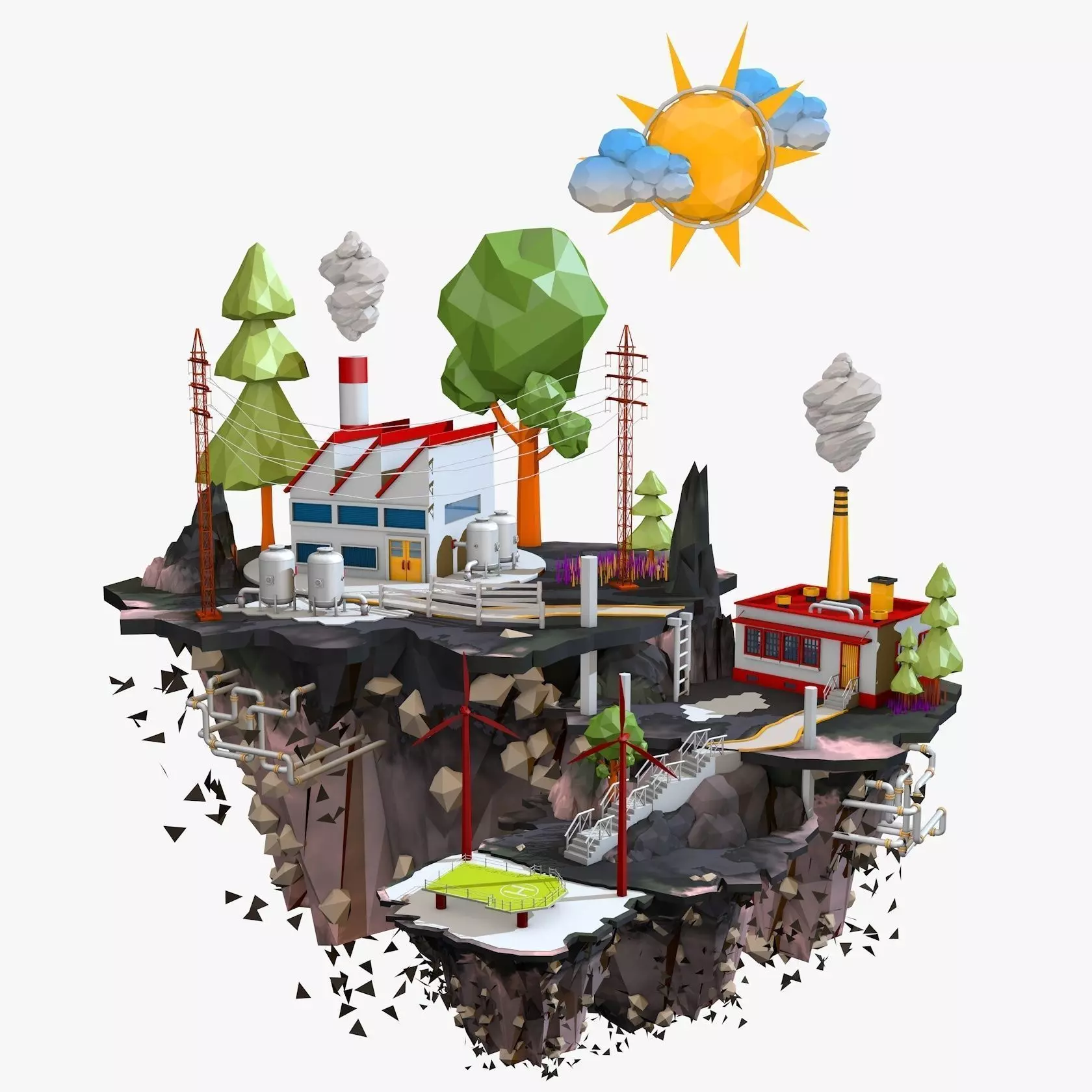 Floating Factory Island Low Poly 3D model