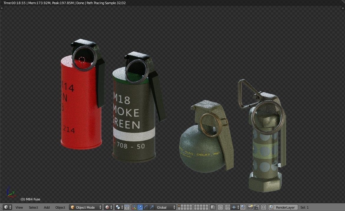 Grenades Pack Collection - M67 - AN-M18 Smoke- AN-M14 - M84 Stun Low-poly 3D model_24