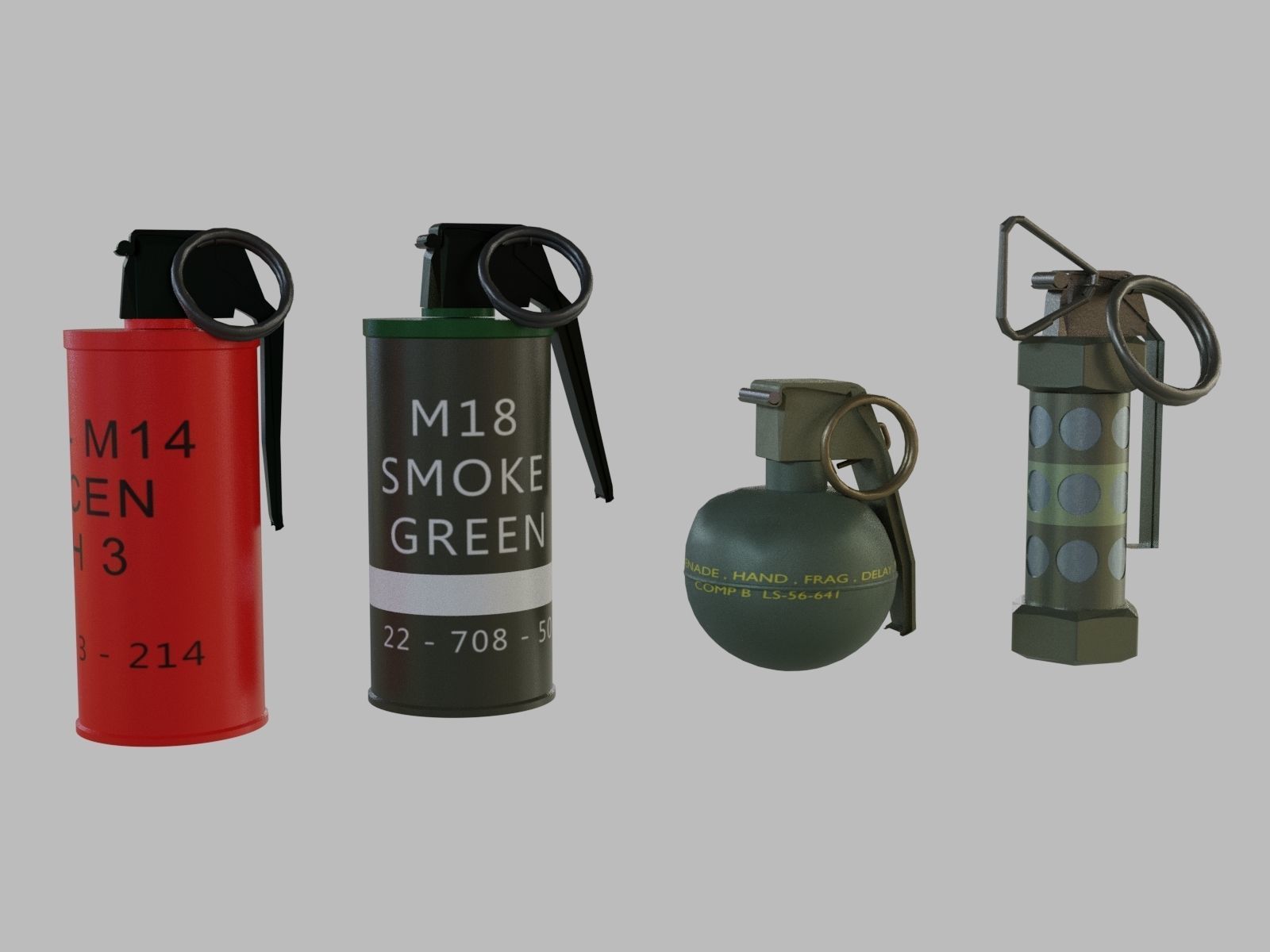 Grenades Pack Collection - M67 - AN-M18 Smoke- AN-M14 - M84 Stun Low-poly 3D model_2