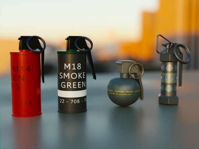 Grenades Pack Collection - M67 - AN-M18 Smoke- AN-M14 - M84 Stun Low-poly 3D model