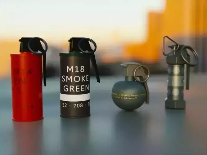 Grenades Pack Collection - M67 - AN-M18 Smoke- AN-M14 - M84 Stun Low-poly 3D model