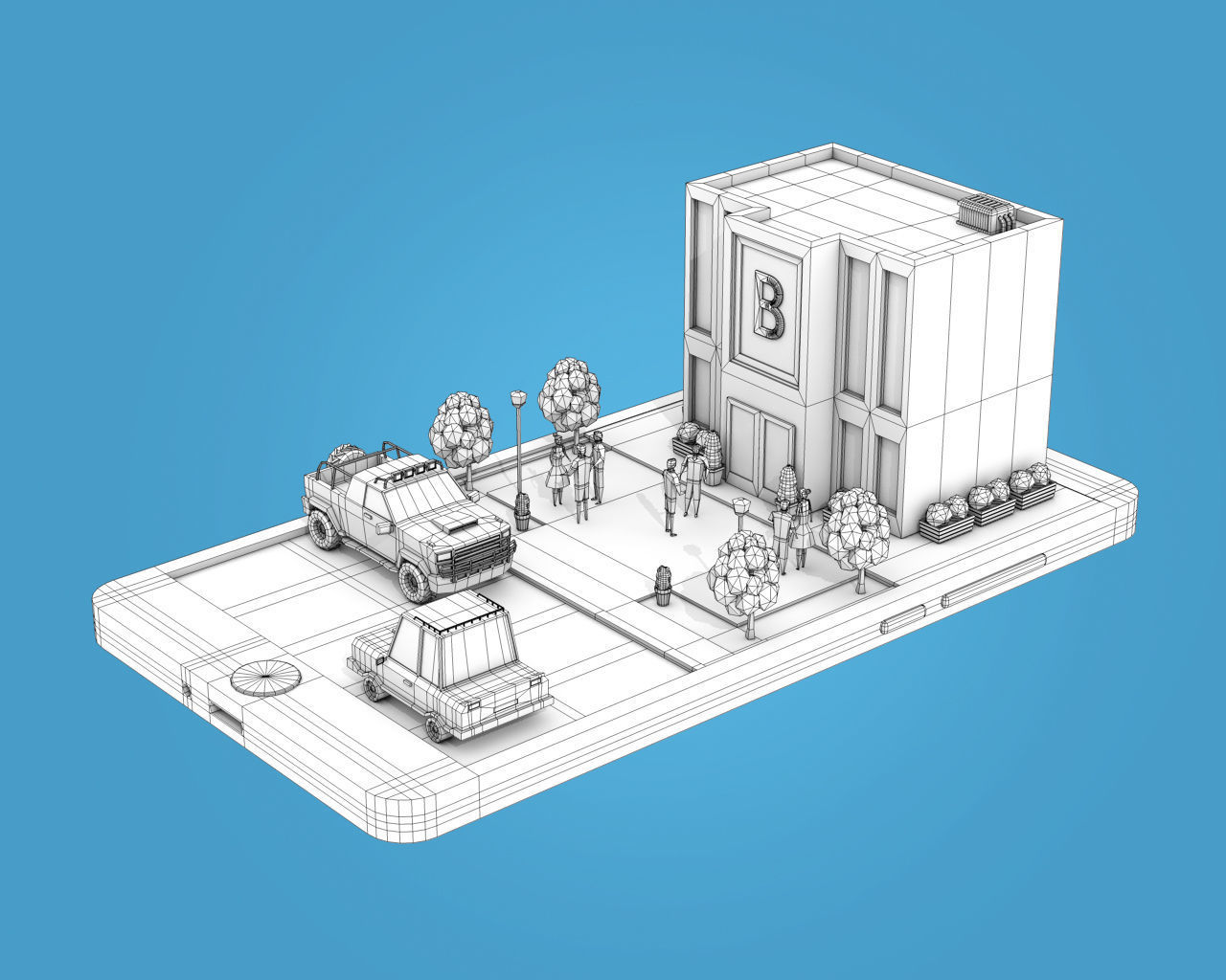 Low Poly Buildings on Mobile Phone Low-poly 3D model_3