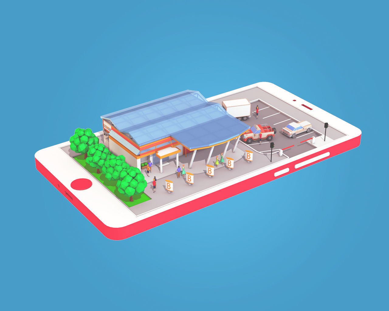 Low Poly Buildings on Mobile Phone Low-poly 3D model_6