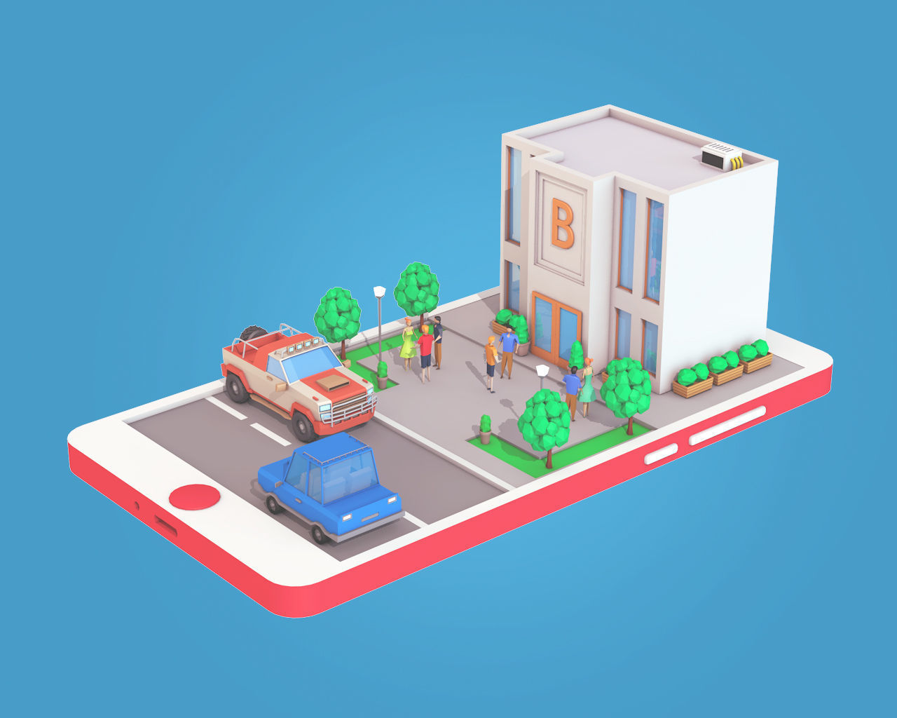 Low Poly Buildings on Mobile Phone Low-poly 3D model_2