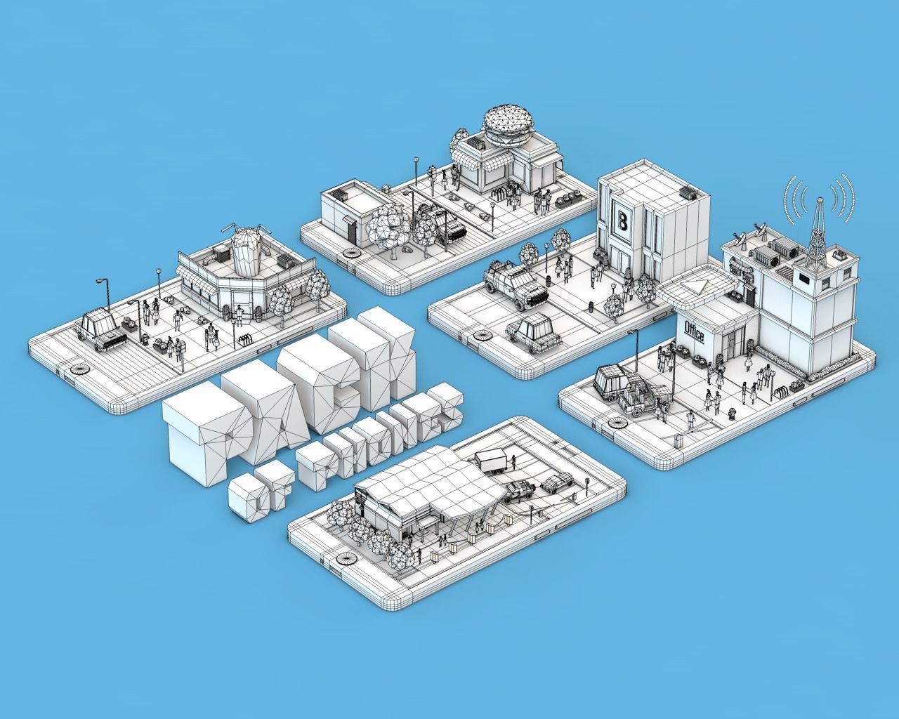 Low Poly Buildings on Mobile Phone Low-poly 3D model_1