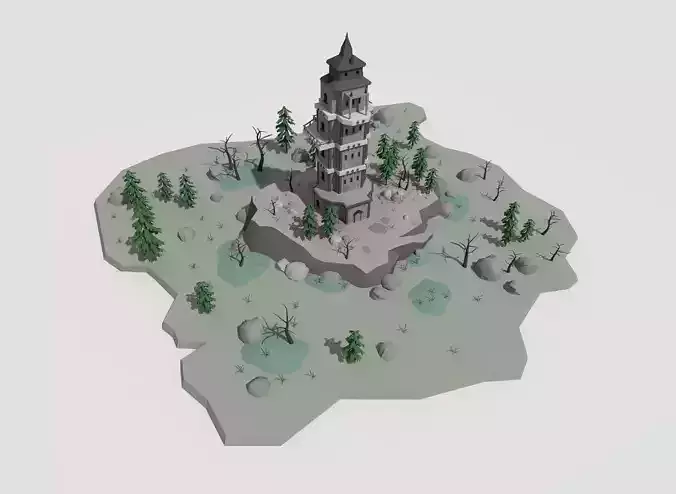 low poly cartoon fantasy tower scene