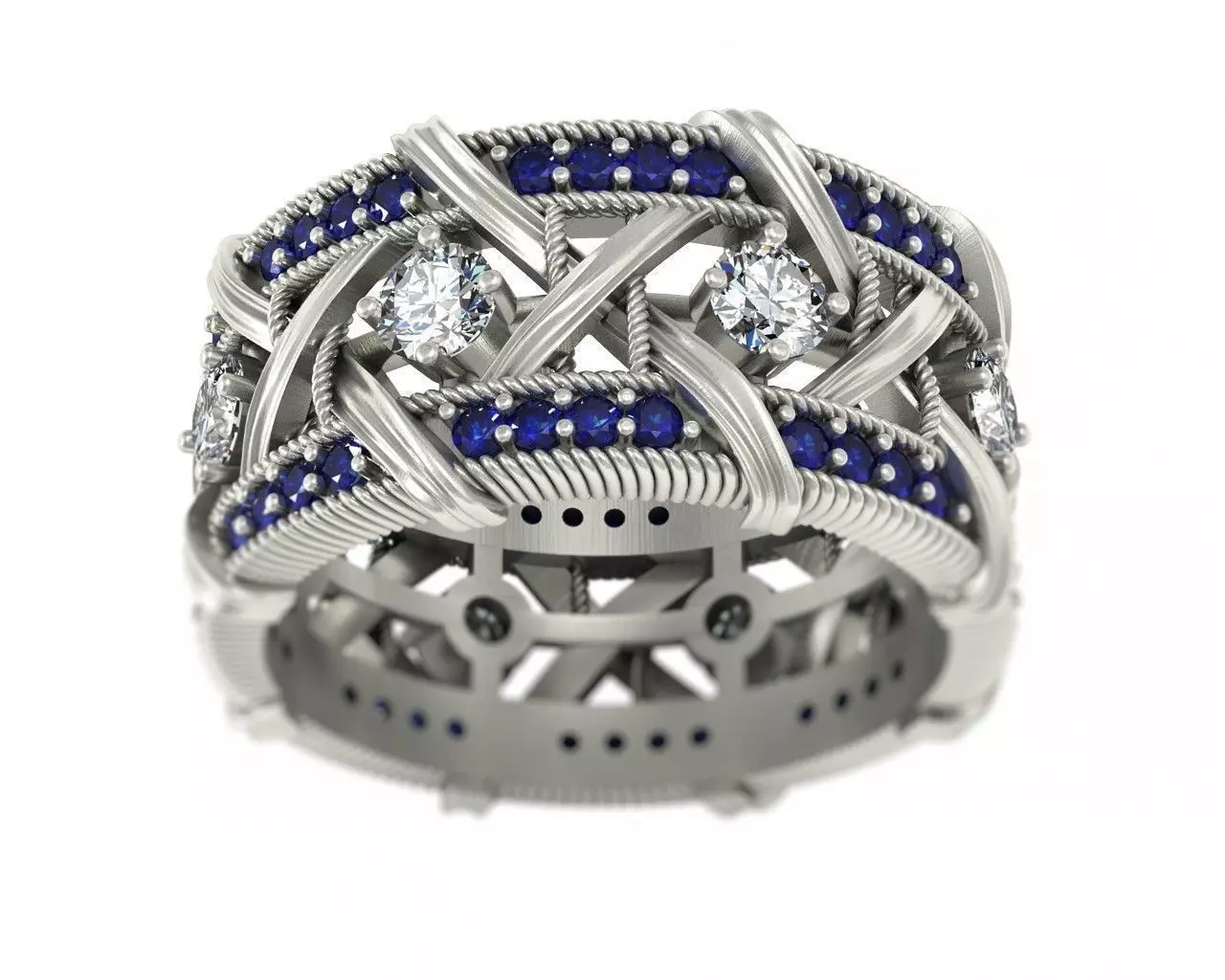 golden ring with sapphire and diamonds 3D print model_0