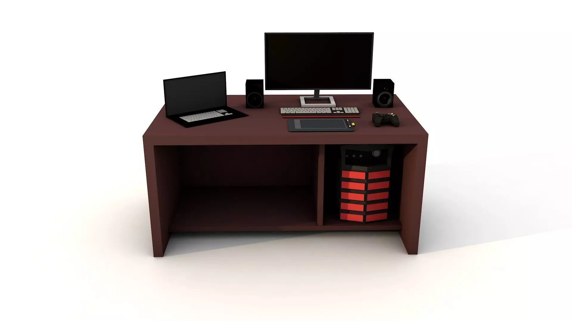 Workstation computer desk with laptop and monitor Low-poly 3D model_0