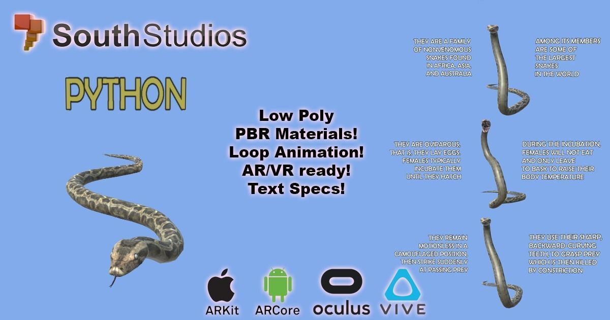 Animated Python AR VR Unity 3dsmax Low-poly 3D model_2