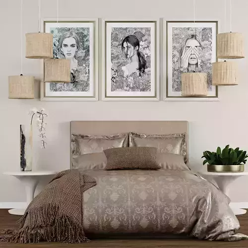 Bedroom set 7 three framed portraits above bed