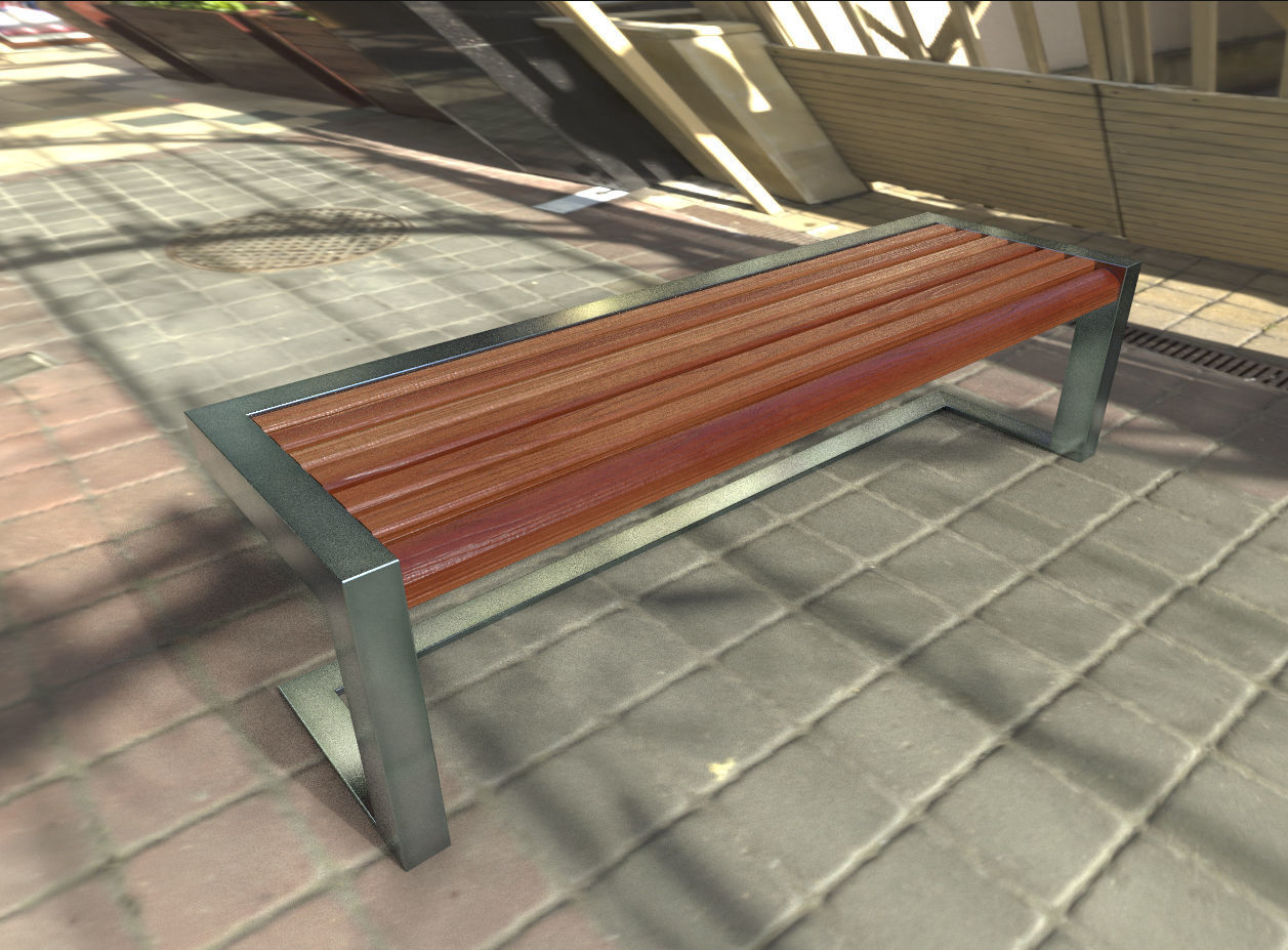 Architectural Park Wood stainless steel Bench Low-poly 3D model_1