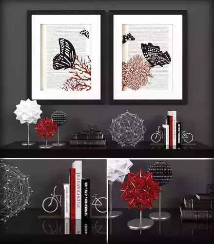 Decorative set-4 bookshelf with framed butterflies