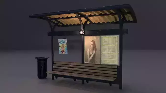 Bus station with trashcan PBR 3D model