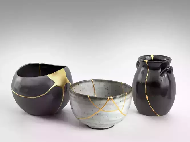 Kintsugi Bowl and Vases 3D model