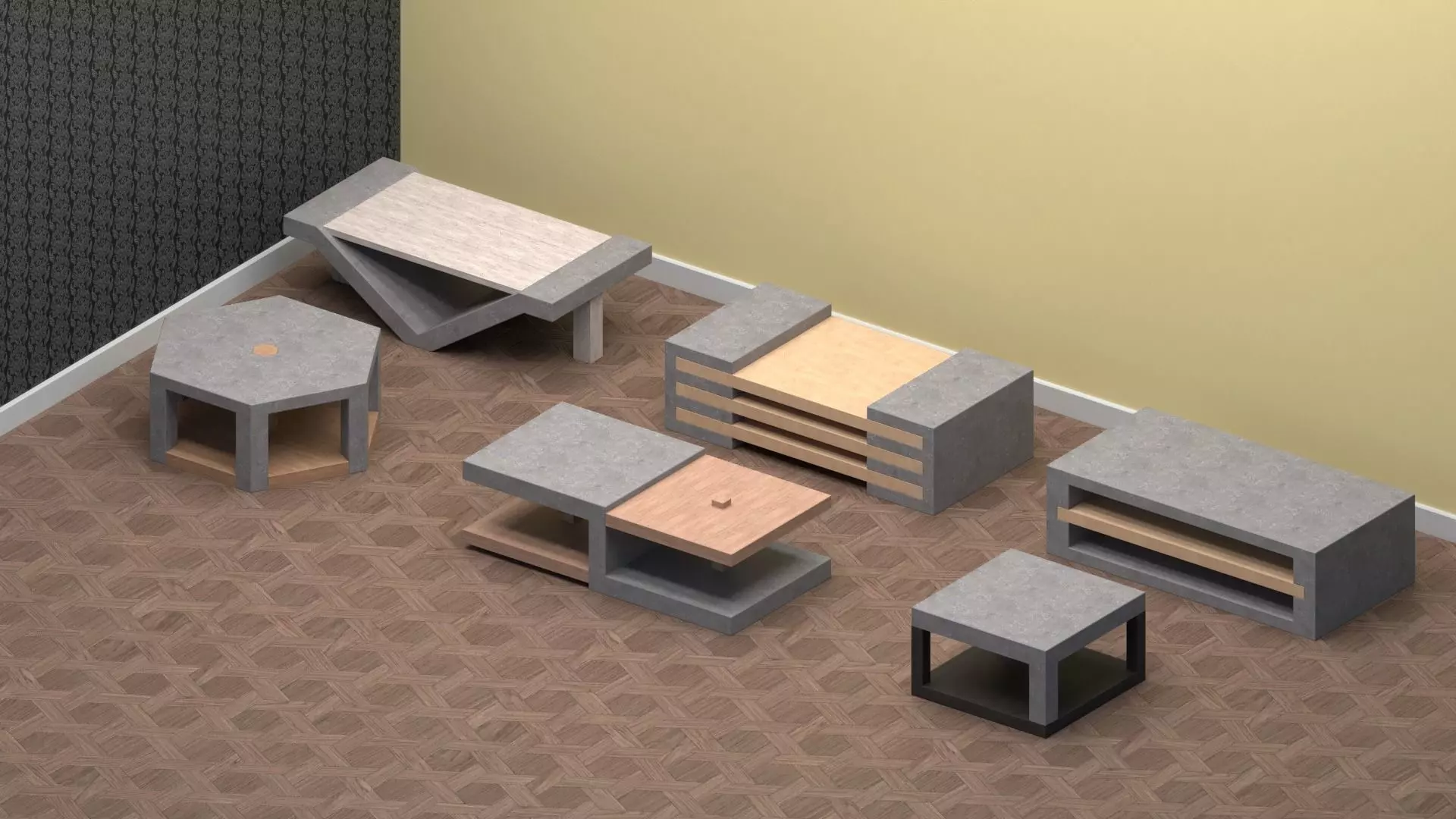 Concrete and Wood Coffee Table Collection Low-poly 3D model