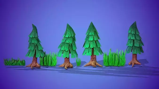 Stylized trees and grass  pack Low-poly 3D model