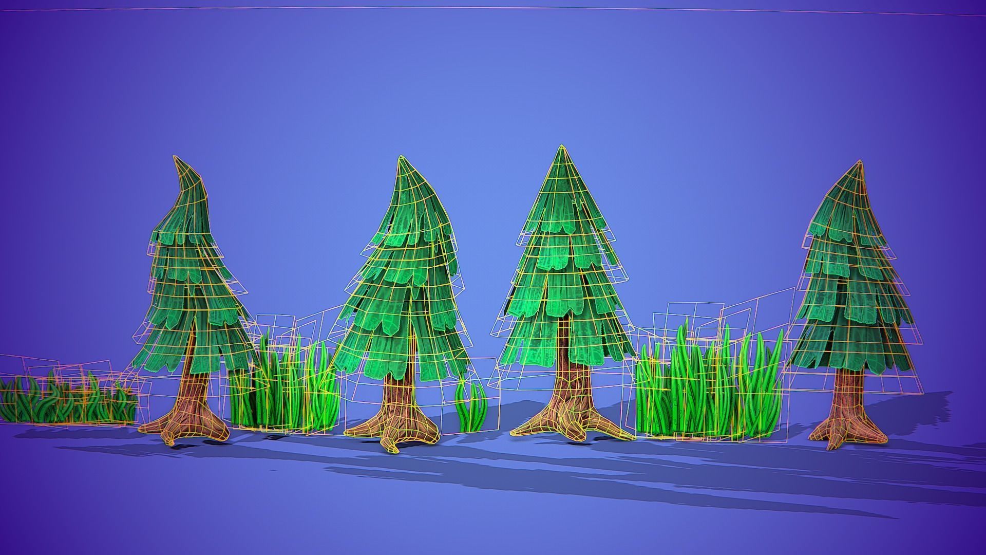 Stylized trees and grass  pack Low-poly 3D model_2
