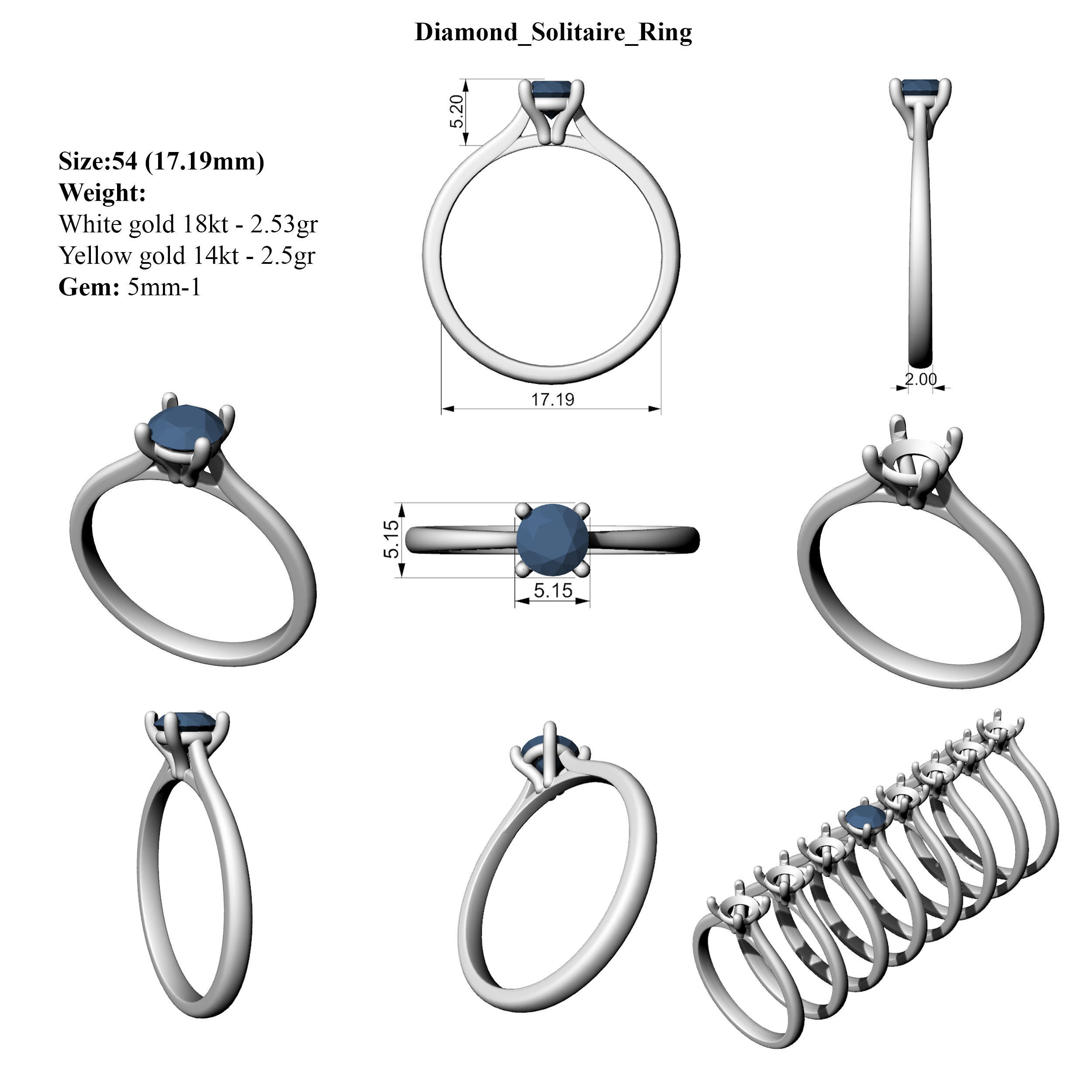 Diamond Solitaire Ring All Size 3D print model_6