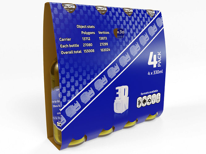 4 pack of 330ml bottles in a thin sleeve 3D model