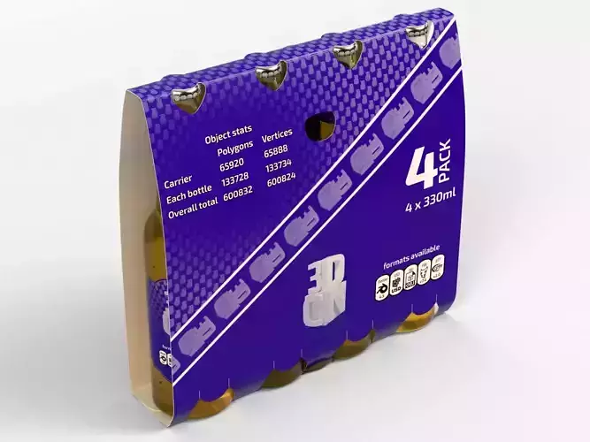 4 pack of 330ml bottles in a thin sleeve 3D model 4 pack of 330ml bottles in a thin sleeve 3D model