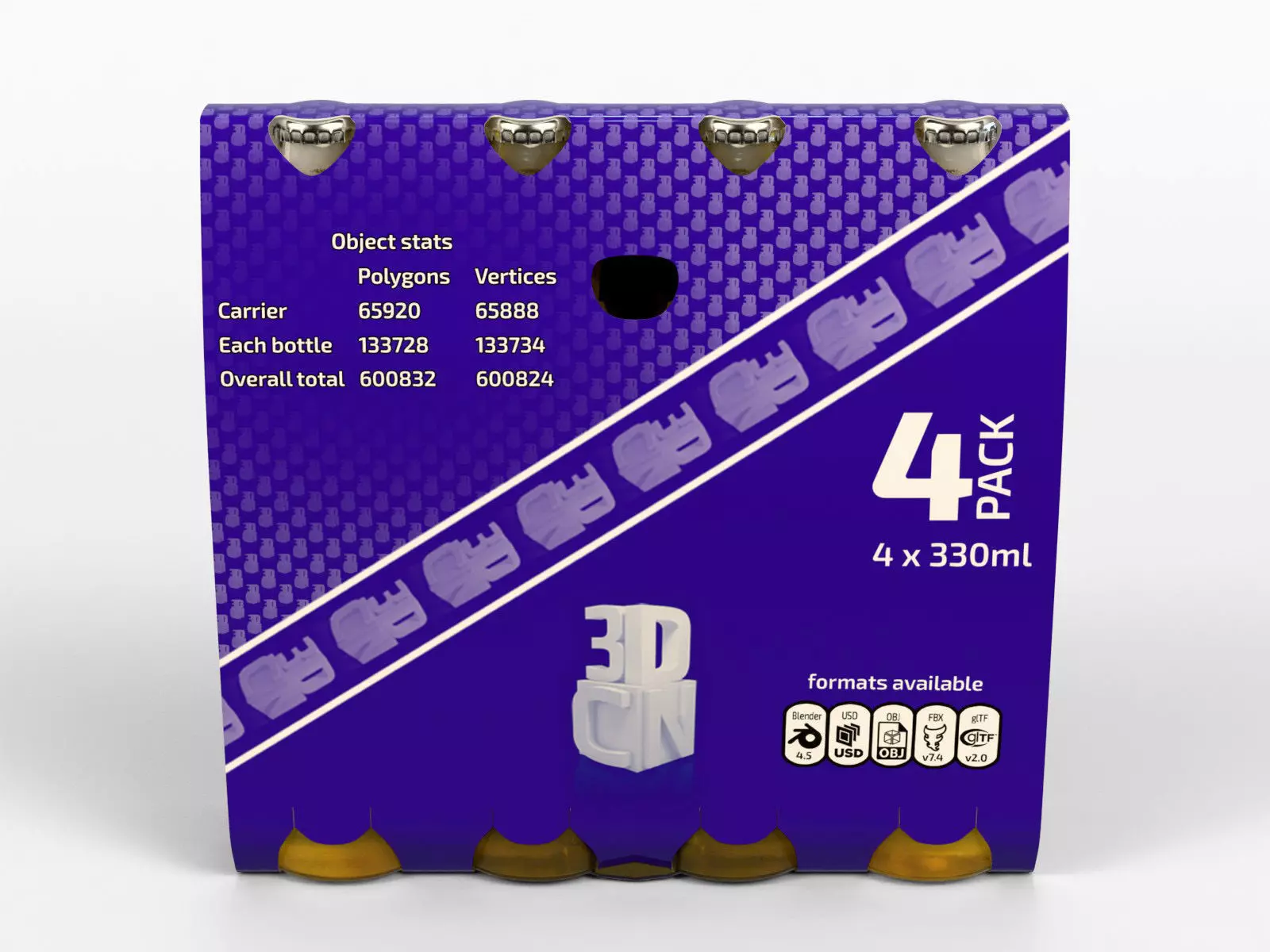 4 pack of 330ml bottles in a thin sleeve 3D model_2